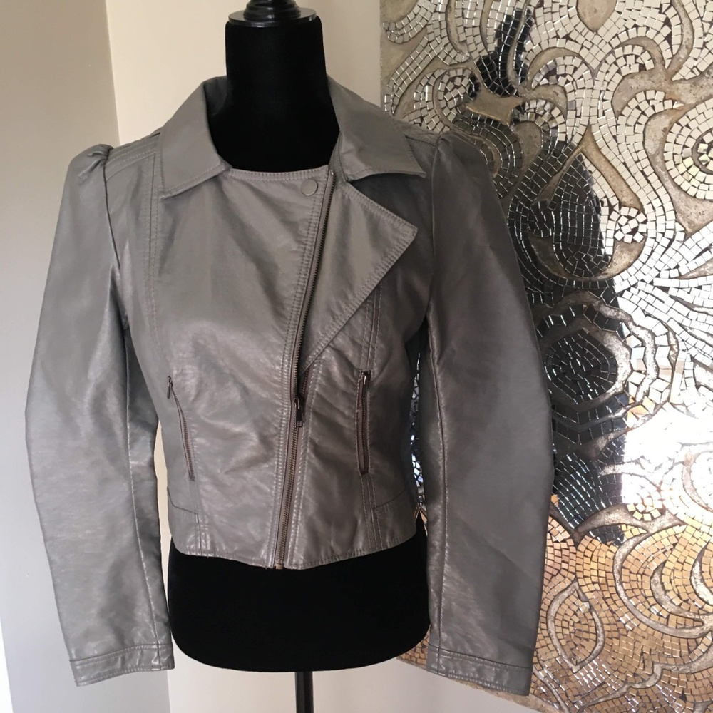 H&M Cropped Grey Vegan Leather Moto Jacket